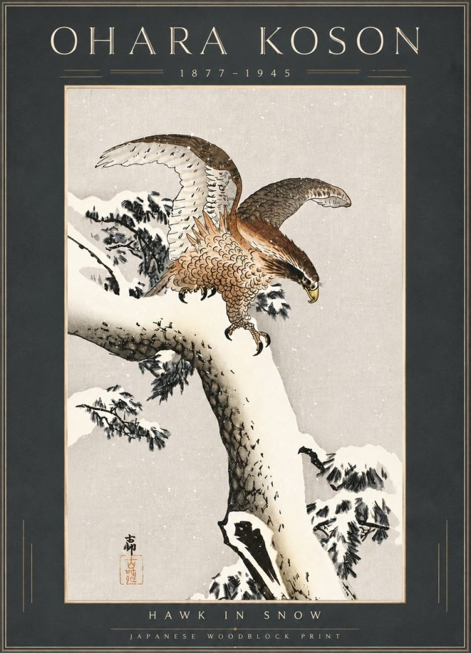 Ohara Koson Hawk in Snow No6 - Juliste