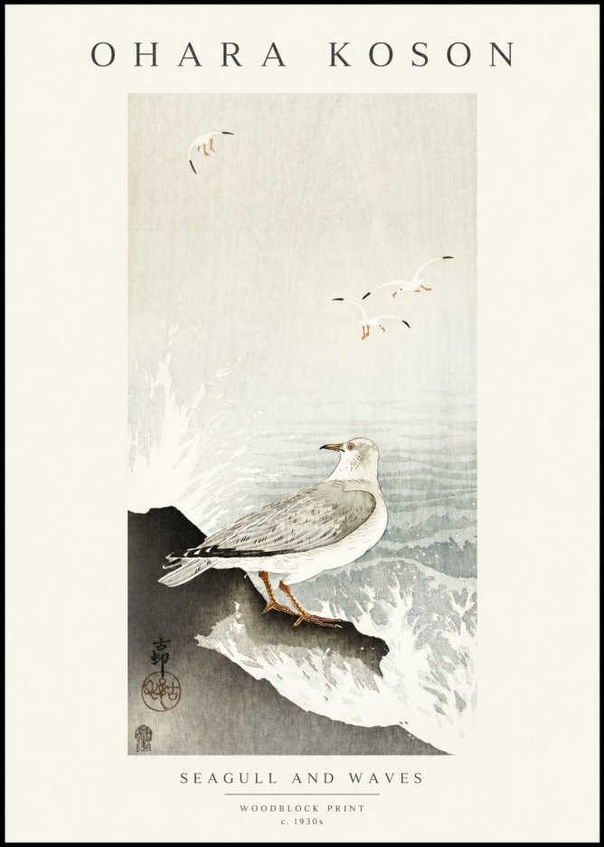 Ohara Koson Seagull and Waves No1 - Juliste