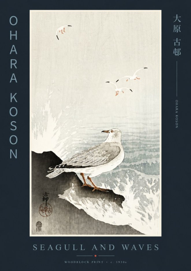 Ohara Koson Seagull and Waves No4 - Juliste