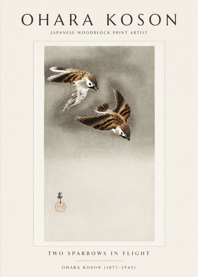 Ohara Koson Two Sparrows in Flight No1 - Juliste