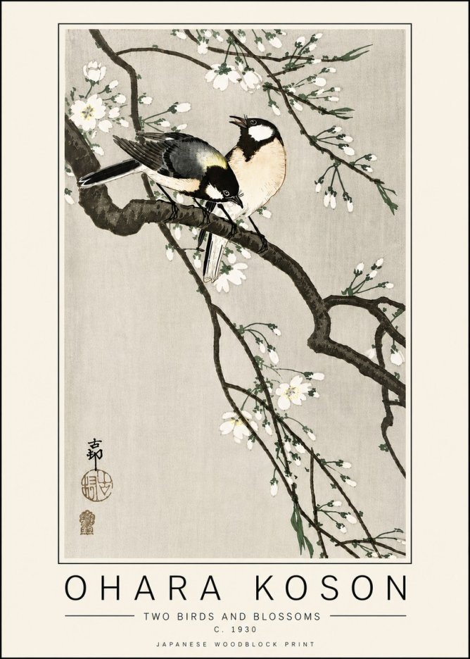 Ohara Koson Two Birds and Blossoms II No6 - Juliste