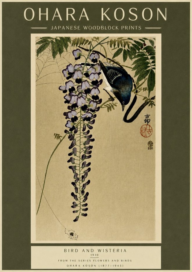 Ohara Koson Bird and Wisteria No6 - Juliste
