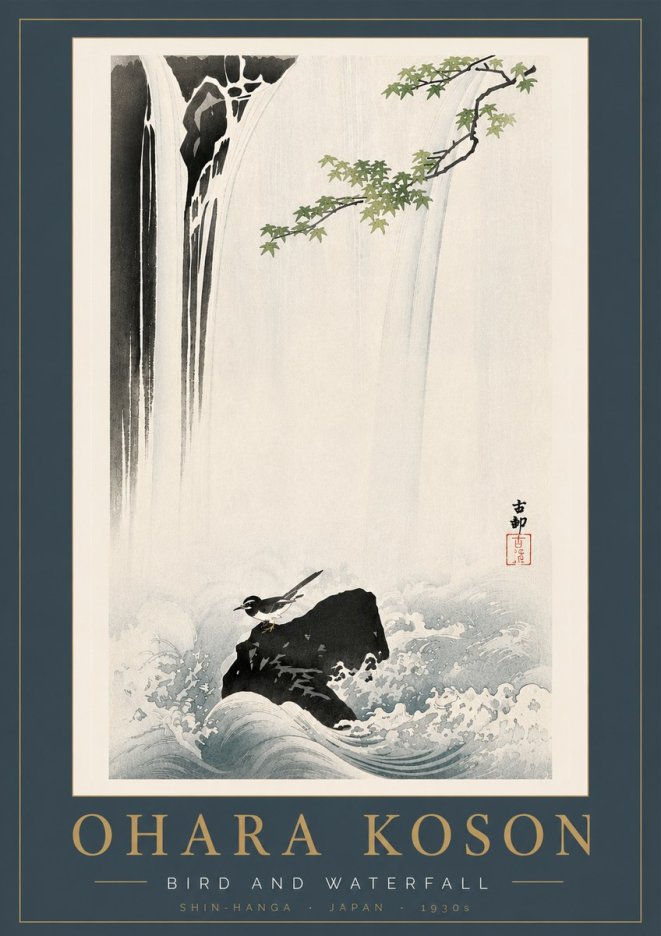 Ohara Koson Bird and Waterfall No6 - Juliste