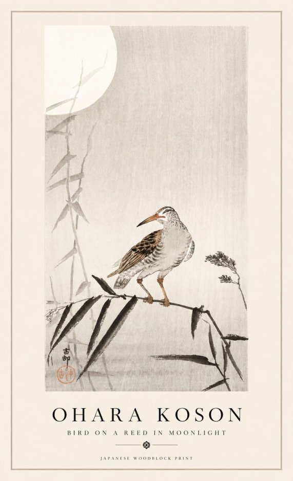 Ohara Koson Bird on a Reed in Moonlight No1 - Juliste