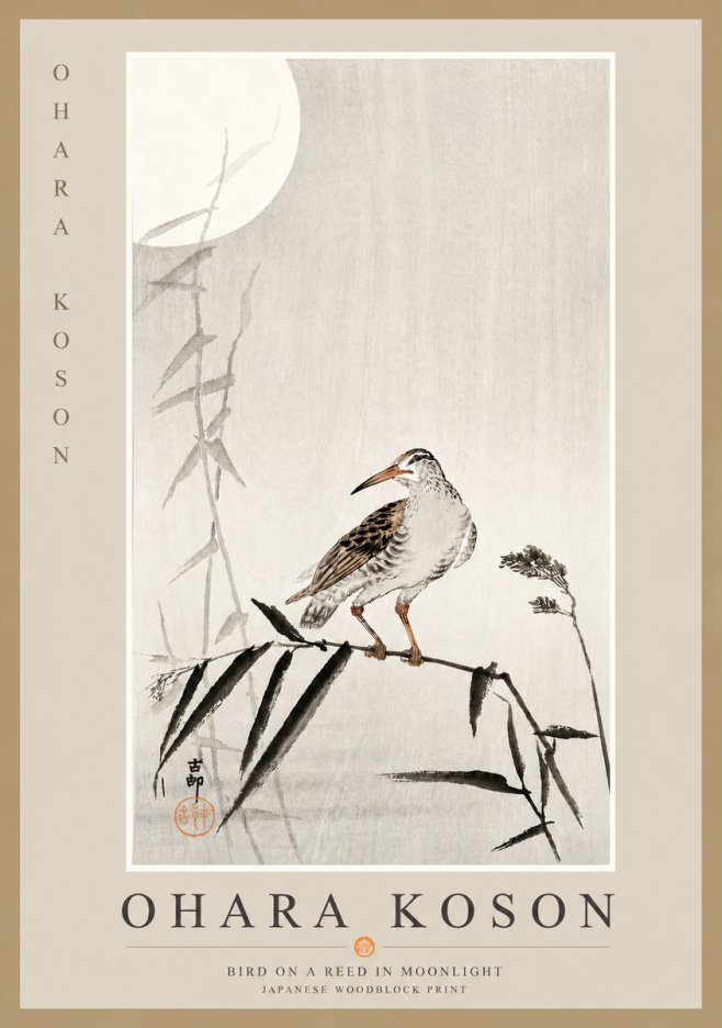 Ohara Koson Bird on a Reed in Moonlight No6 - Juliste