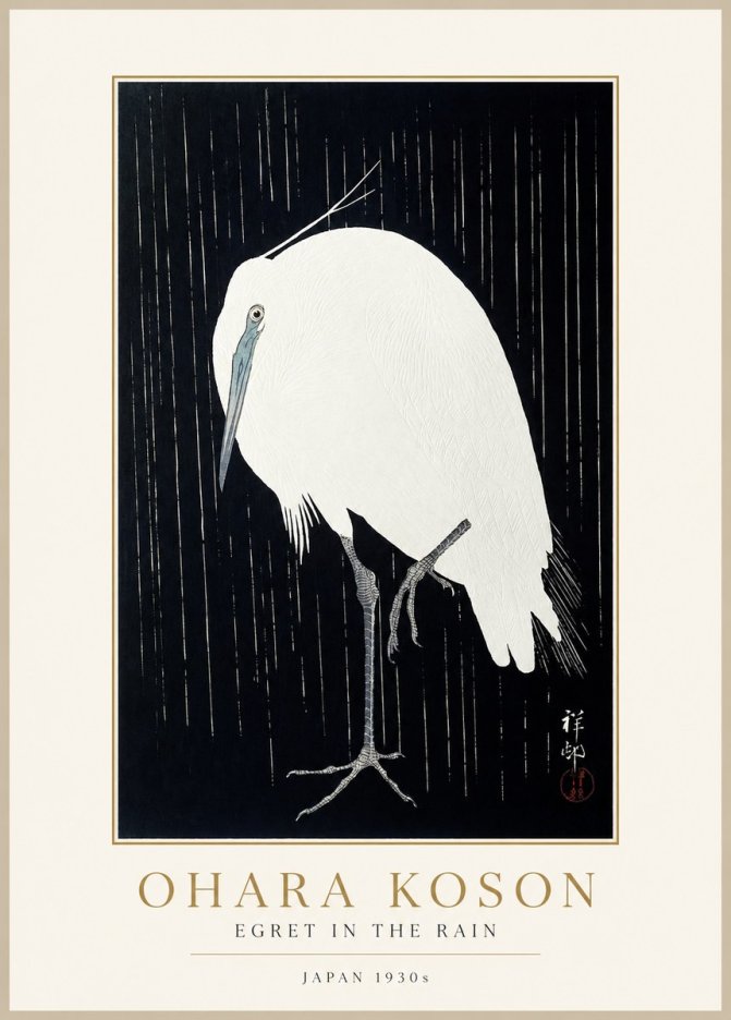 Ohara Koson Egret in the Rain I No1 - Juliste
