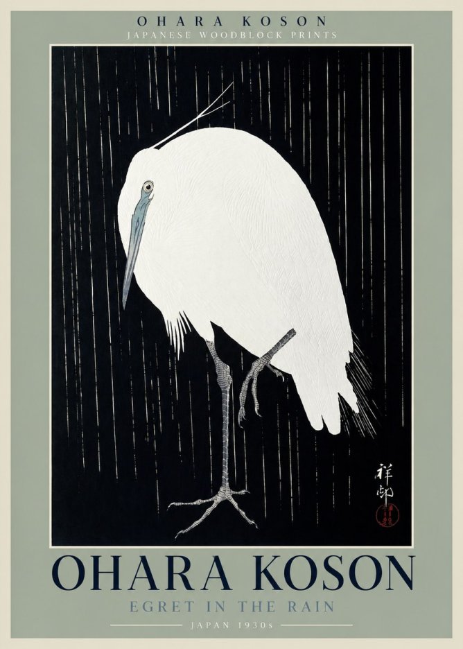 Ohara Koson Egret in the Rain I No2 - Juliste