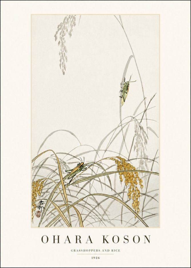 Ohara Koson Grasshoppers and Rice No1 - Juliste