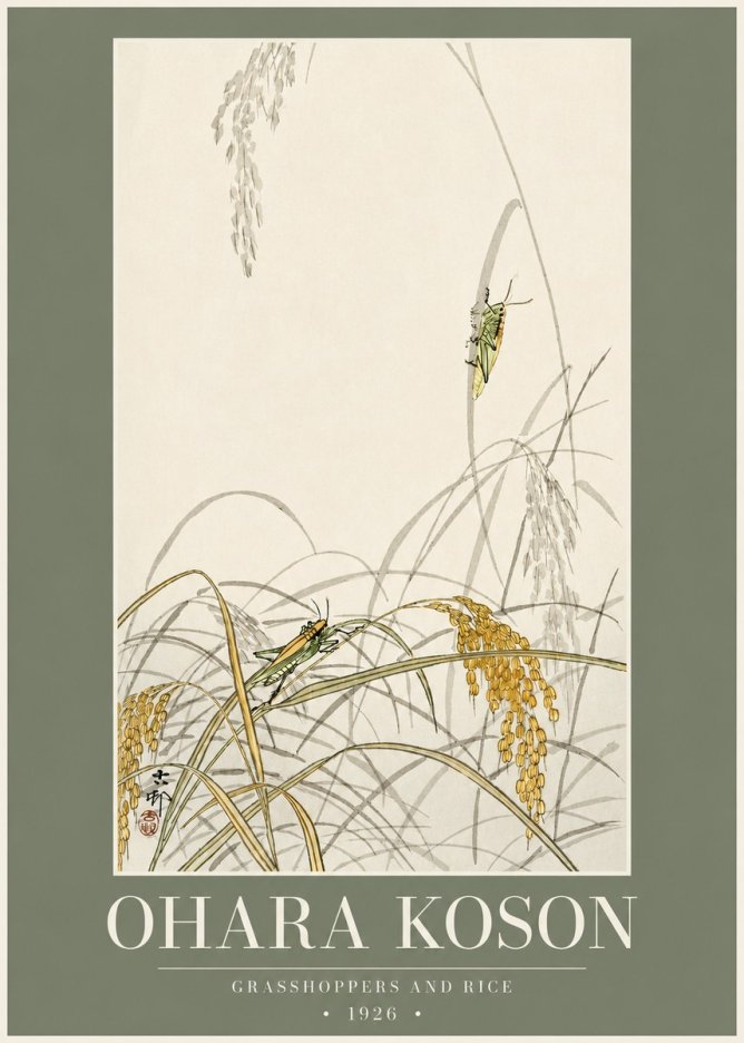 Ohara Koson Grasshoppers and Rice No2 - Juliste