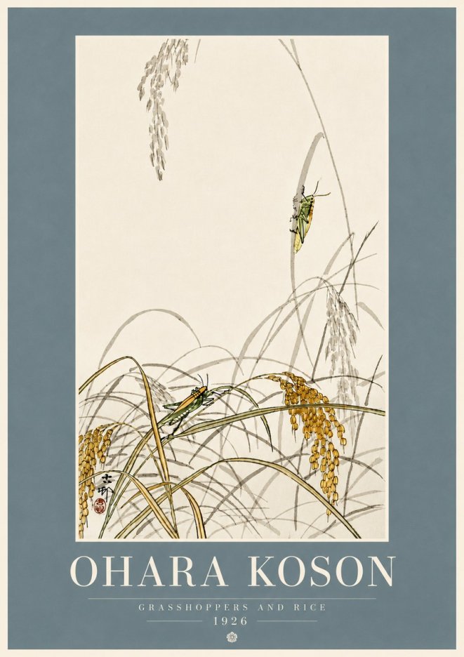 Ohara Koson Grasshoppers and Rice No5 - Juliste