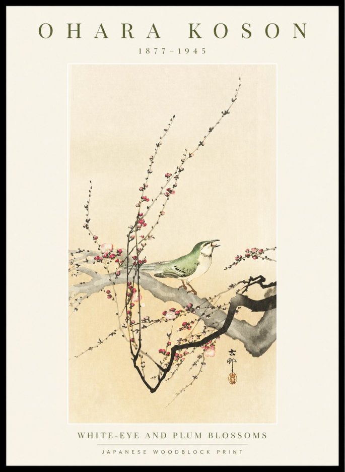 Ohara Koson White-eye and Plum Blossoms No1 - Juliste