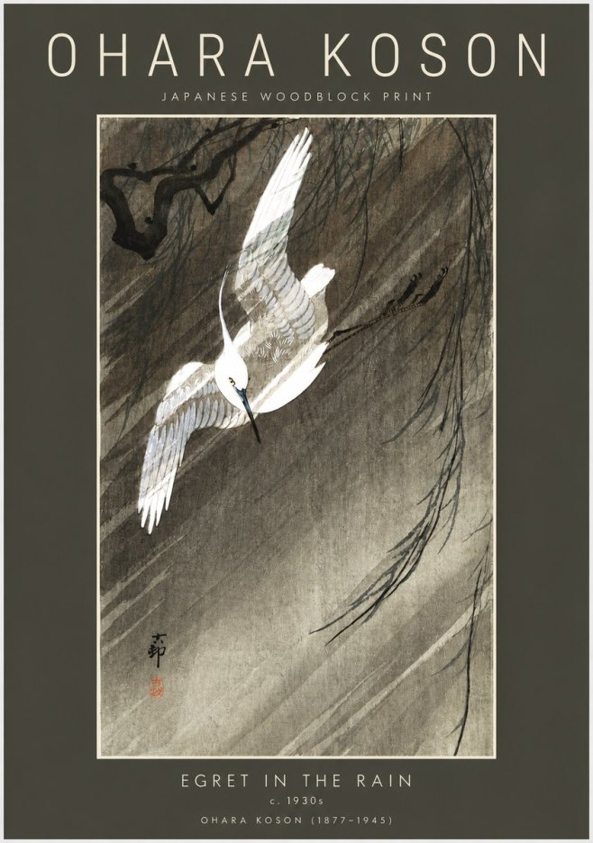 Ohara Koson Egret in the Rain II No2 - Juliste
