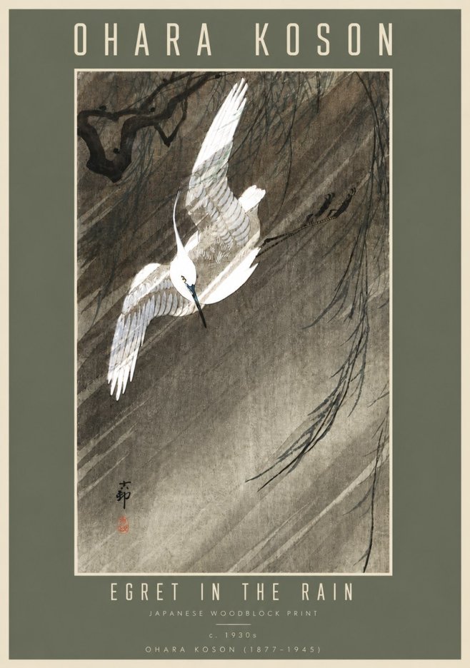 Ohara Koson Egret in the Rain II No4 - Juliste
