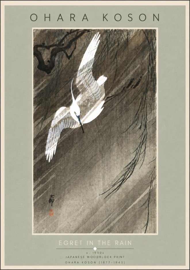 Ohara Koson Egret in the Rain II No5 - Juliste