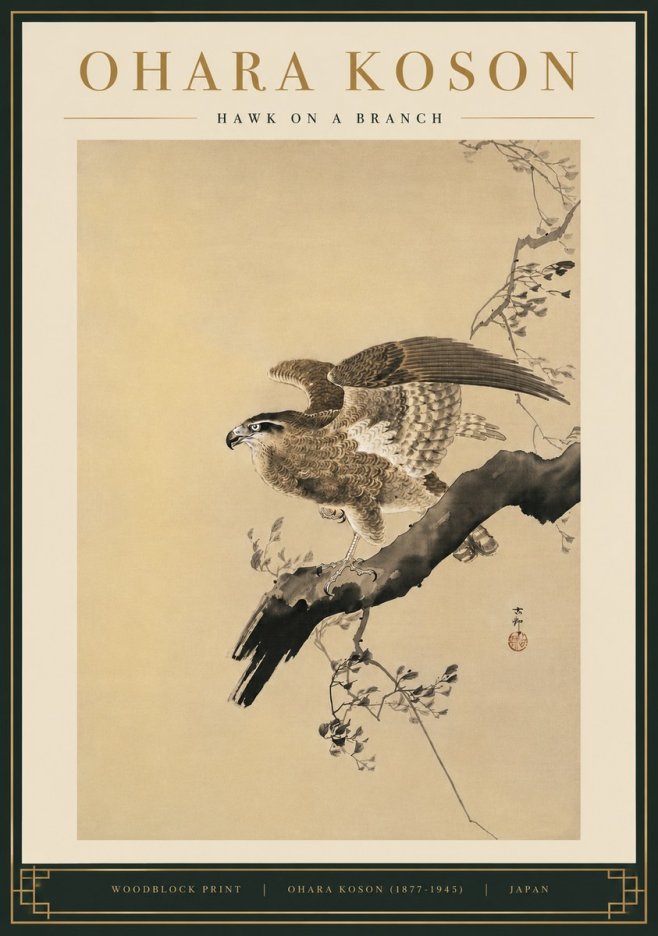 Ohara Koson Hawk on a Branch I No5 - Juliste