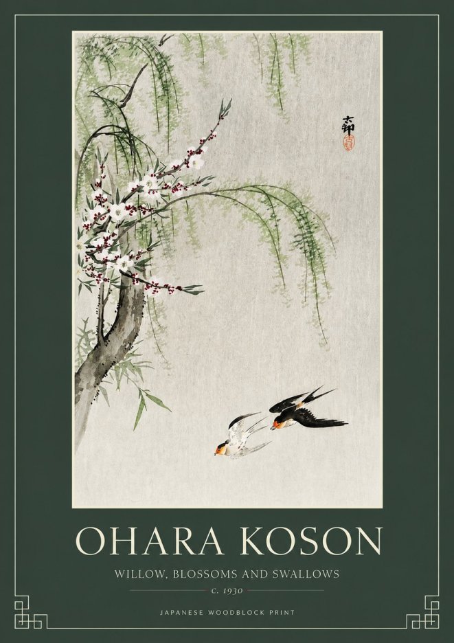 Ohara Koson Willow, Blossoms and Swallows No2 - Juliste