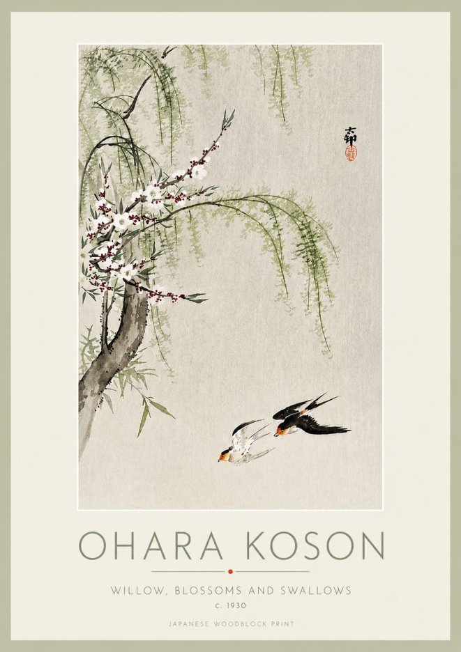 Ohara Koson Willow, Blossoms and Swallows No3 - Juliste