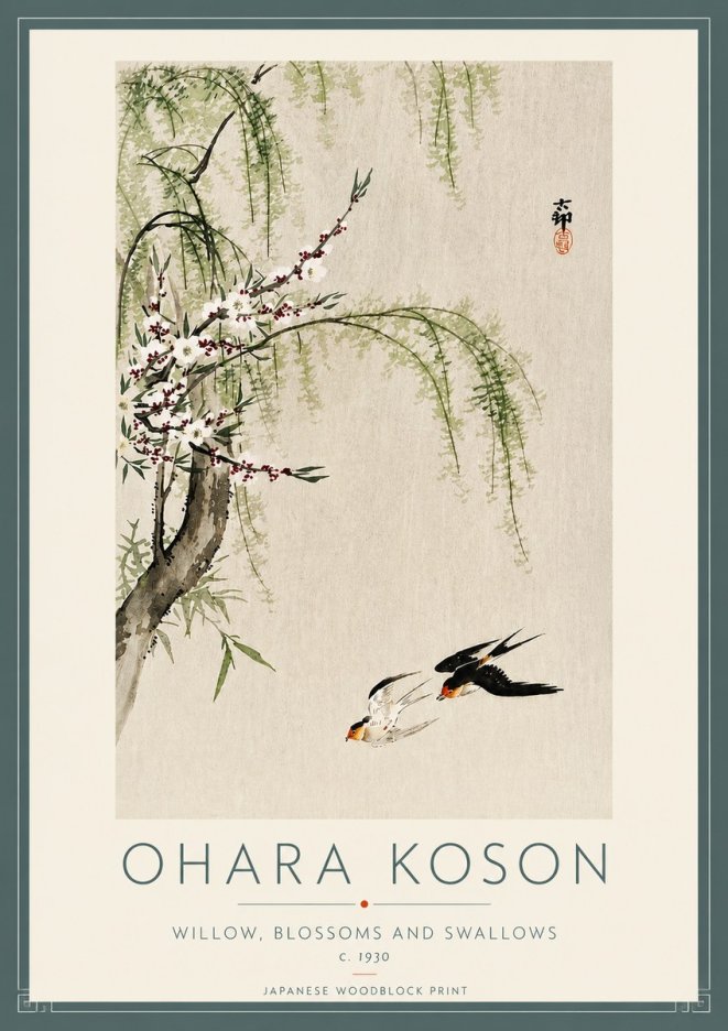 Ohara Koson Willow, Blossoms and Swallows No4 - Juliste