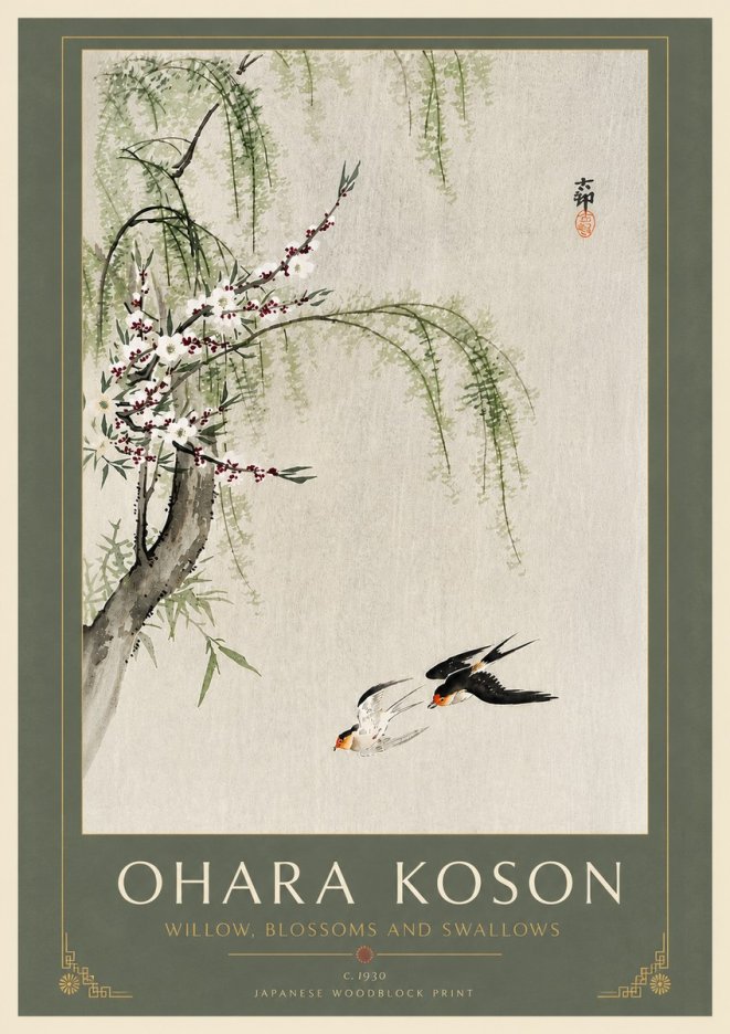 Ohara Koson Willow, Blossoms and Swallows No6 - Juliste
