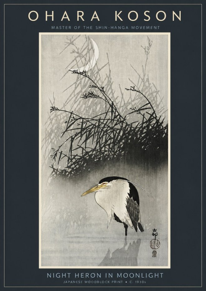 Ohara Koson Night Heron in Moonlight No2 - Juliste