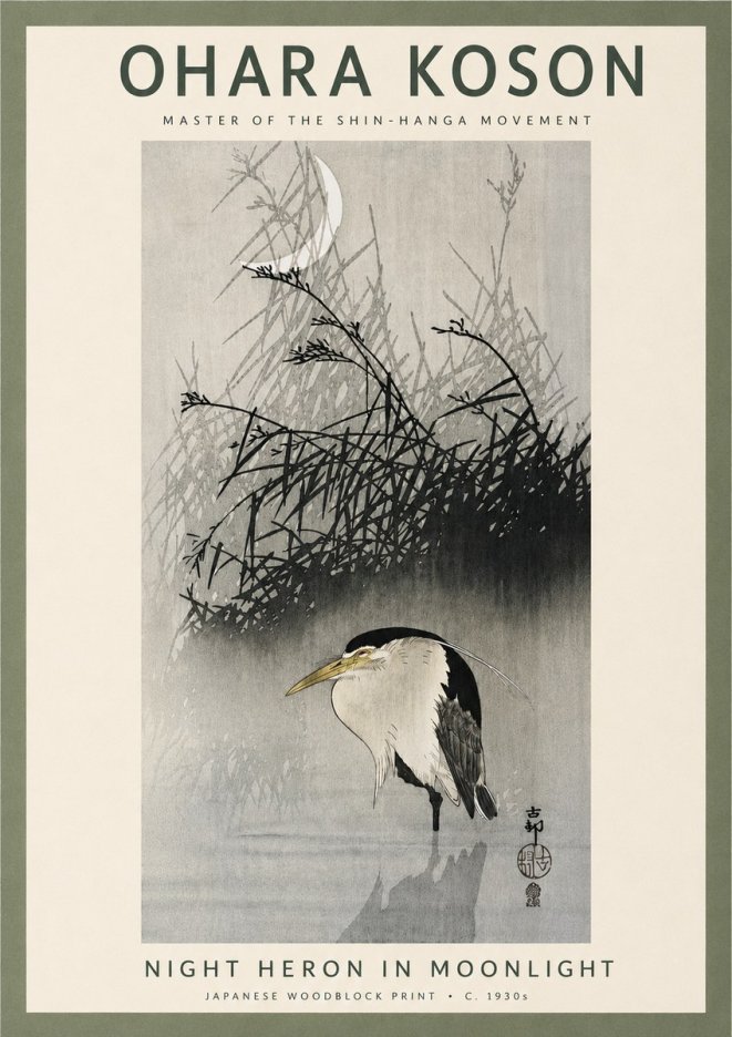 Ohara Koson Night Heron in Moonlight No4 - Juliste