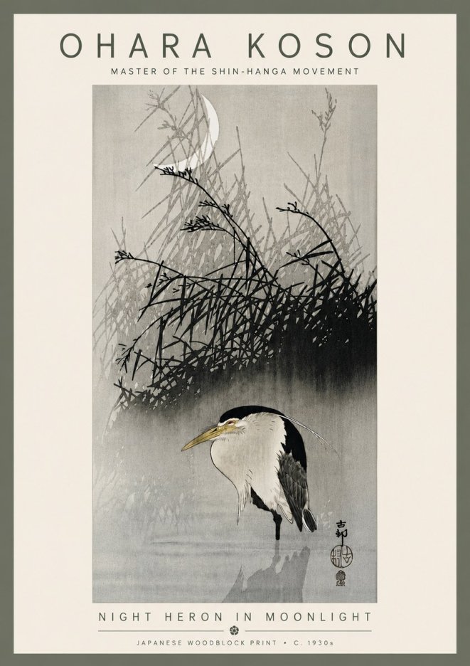 Ohara Koson Night Heron in Moonlight No6 - Juliste
