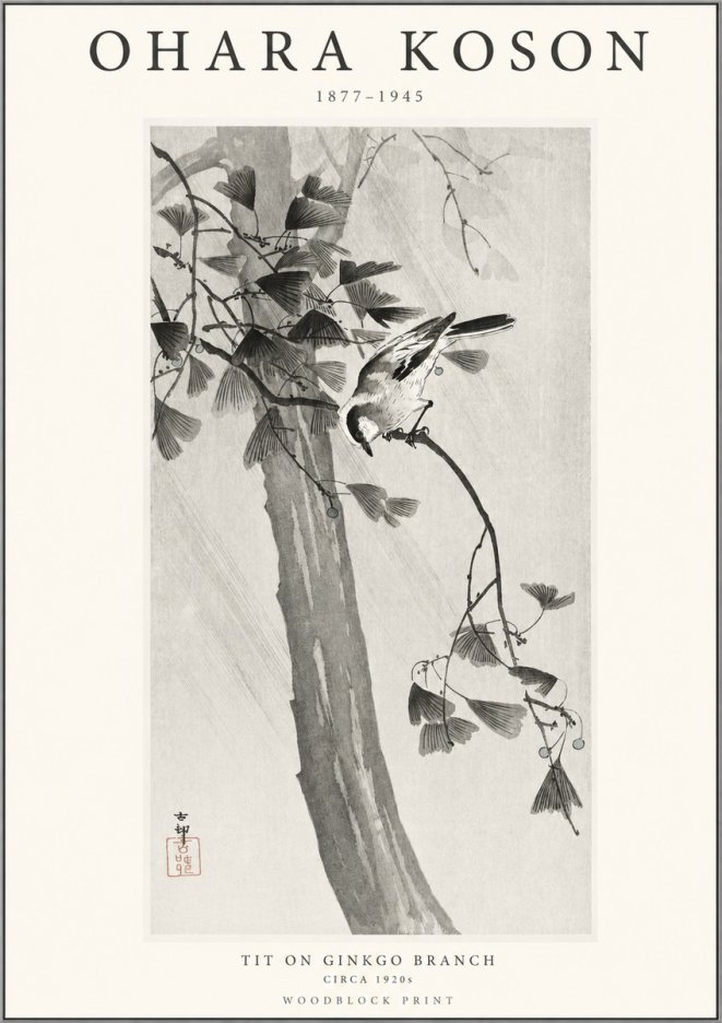 Ohara Koson Tit on Ginkgo Branch No1 - Juliste