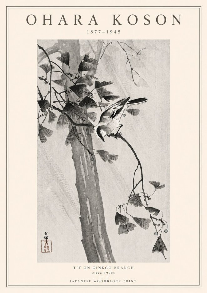 Ohara Koson Tit on Ginkgo Branch No3 - Juliste