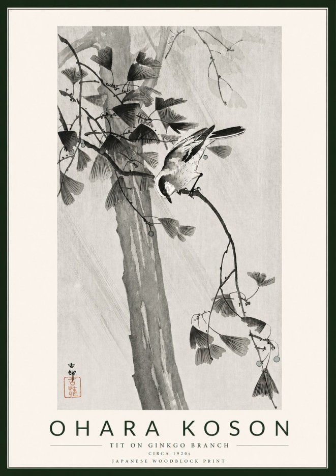 Ohara Koson Tit on Ginkgo Branch No5 - Juliste
