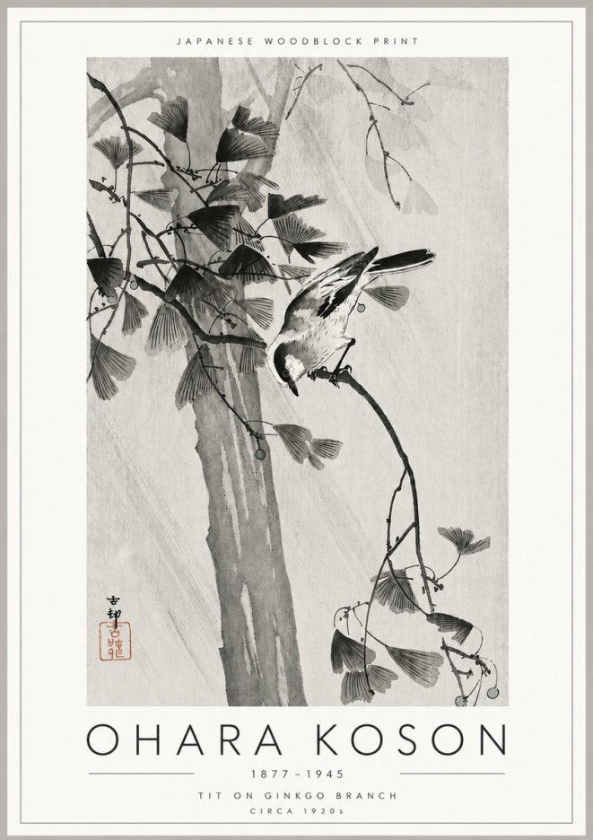 Ohara Koson Tit on Ginkgo Branch No6 - Juliste