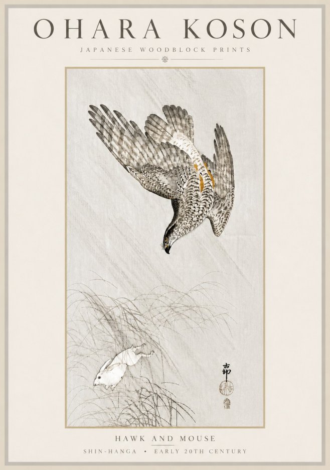 Ohara Koson Hawk and Mouse No6 - Juliste
