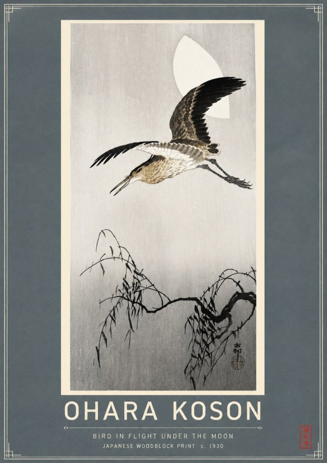 Ohara Koson Bird in Flight Under the Moon No4 - Juliste