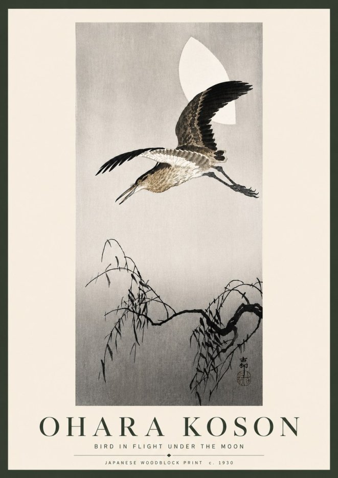 Ohara Koson Bird in Flight Under the Moon No5 - Juliste