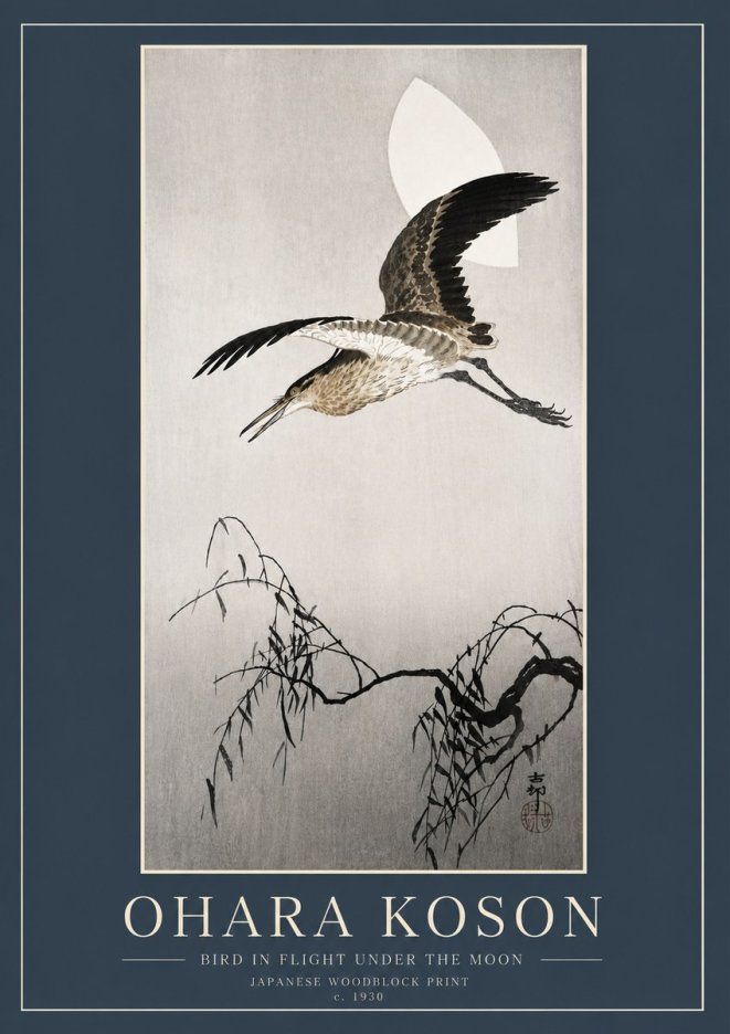 Ohara Koson Bird in Flight Under the Moon No6 - Juliste
