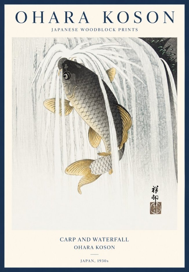 Ohara Koson Carp and Waterfall No1 - Juliste