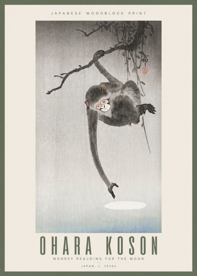Ohara Koson Monkey Reaching for the Moon No3 - Juliste
