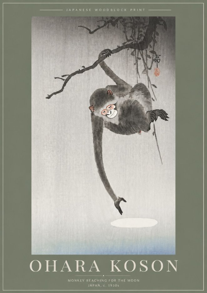 Ohara Koson Monkey Reaching for the Moon No5 - Juliste