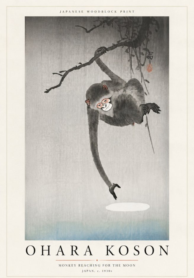 Ohara Koson Monkey Reaching for the Moon No6 - Juliste