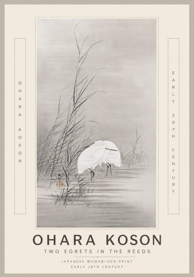 Ohara Koson Two Egrets in the Reeds No6 - Juliste