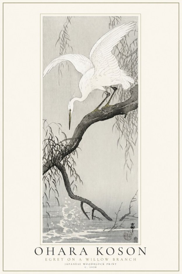 Ohara Koson Egret on a Willow Branch No1 - Juliste