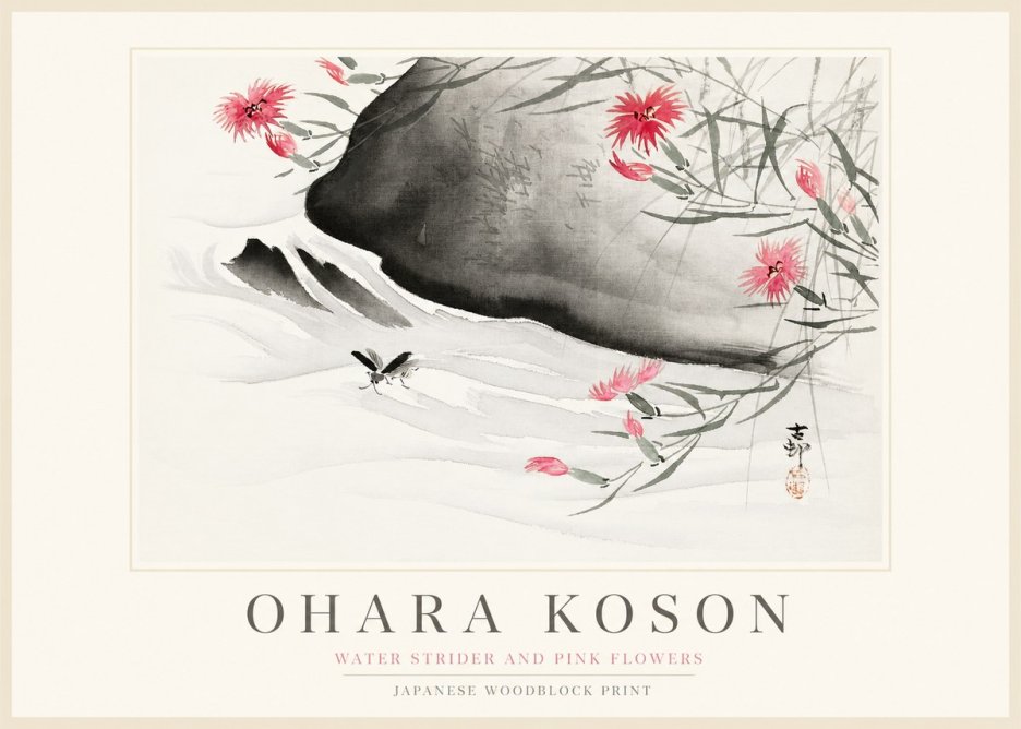 Ohara Koson Water Strider and Pink Flowers No1 - Juliste