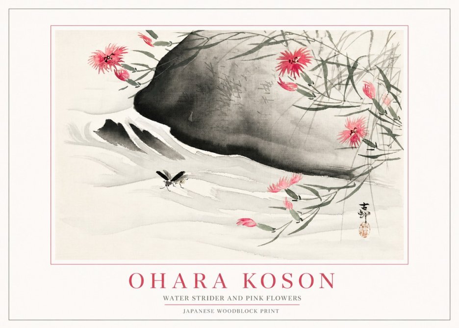 Ohara Koson Water Strider and Pink Flowers No2 - Juliste