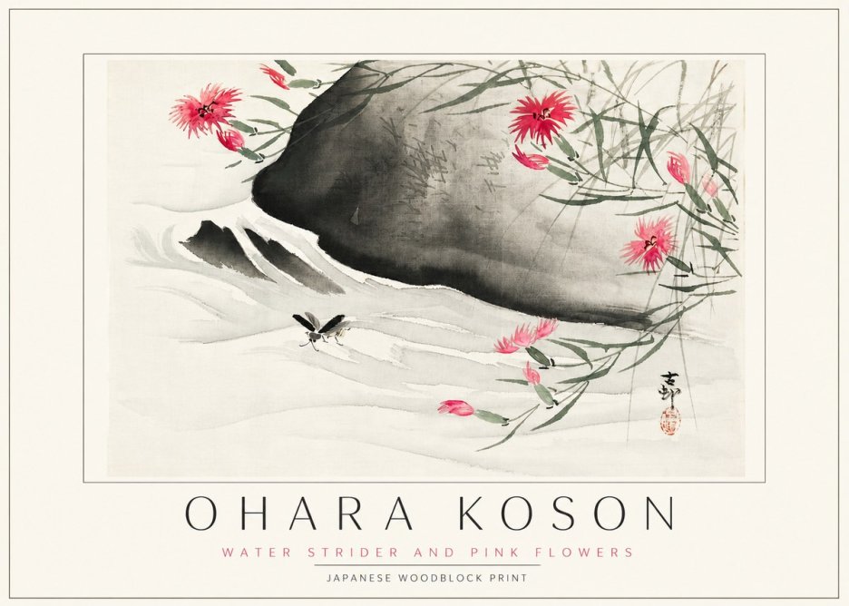 Ohara Koson Water Strider and Pink Flowers No3 - Juliste