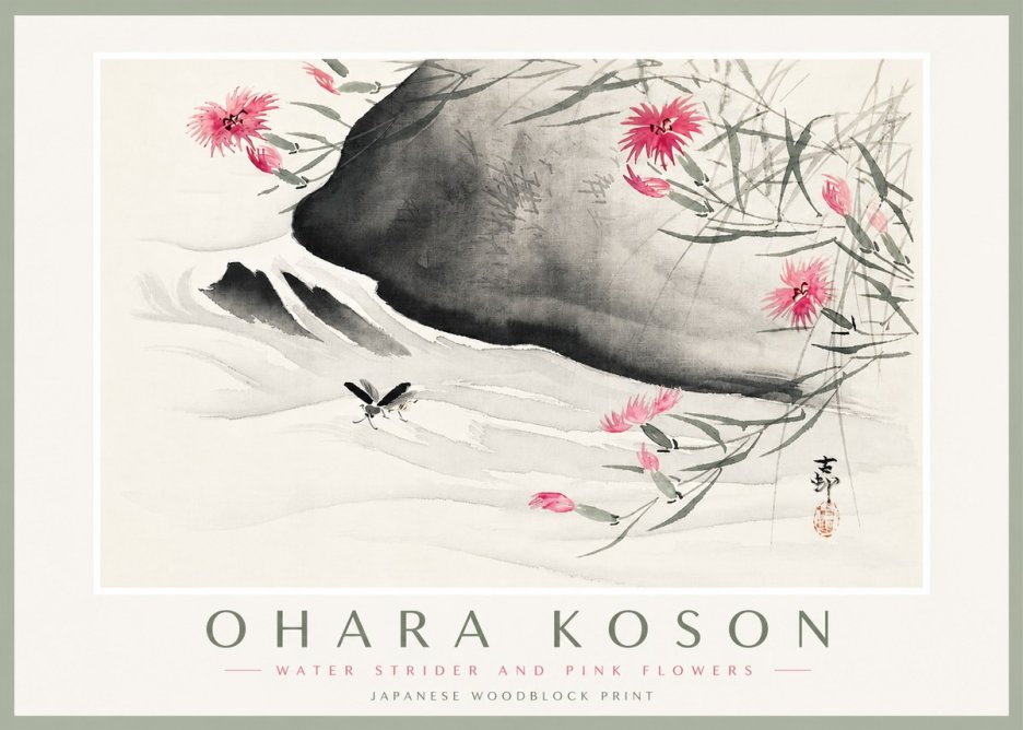 Ohara Koson Water Strider and Pink Flowers No4 - Juliste