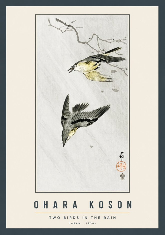 Ohara Koson Two Birds in the Rain No2 - Juliste