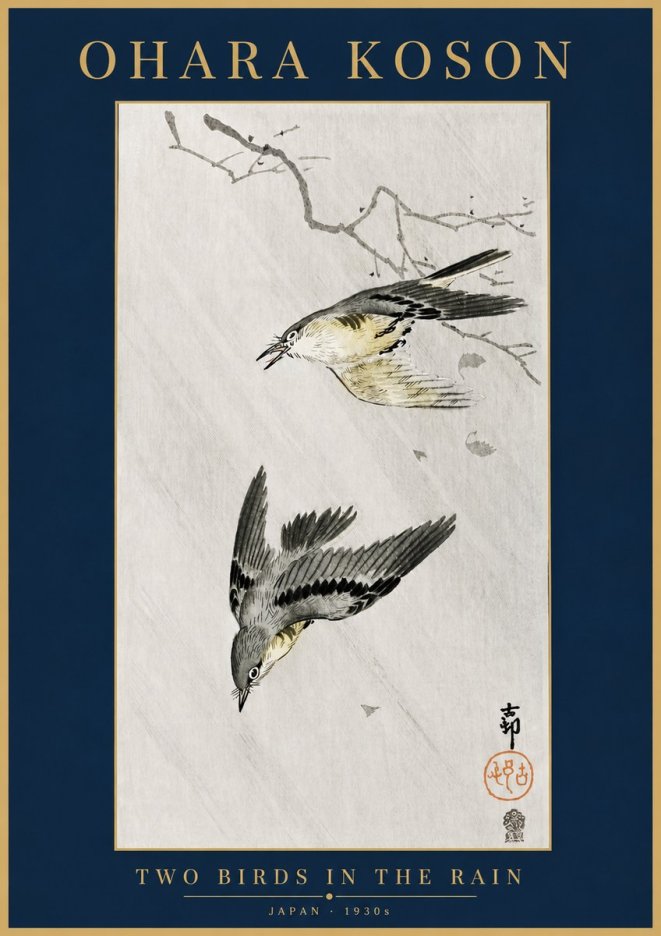 Ohara Koson Two Birds in the Rain No4 - Juliste