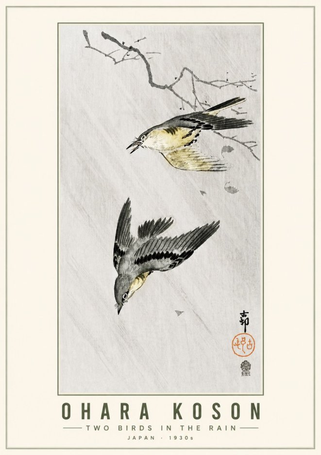 Ohara Koson Two Birds in the Rain No5 - Juliste