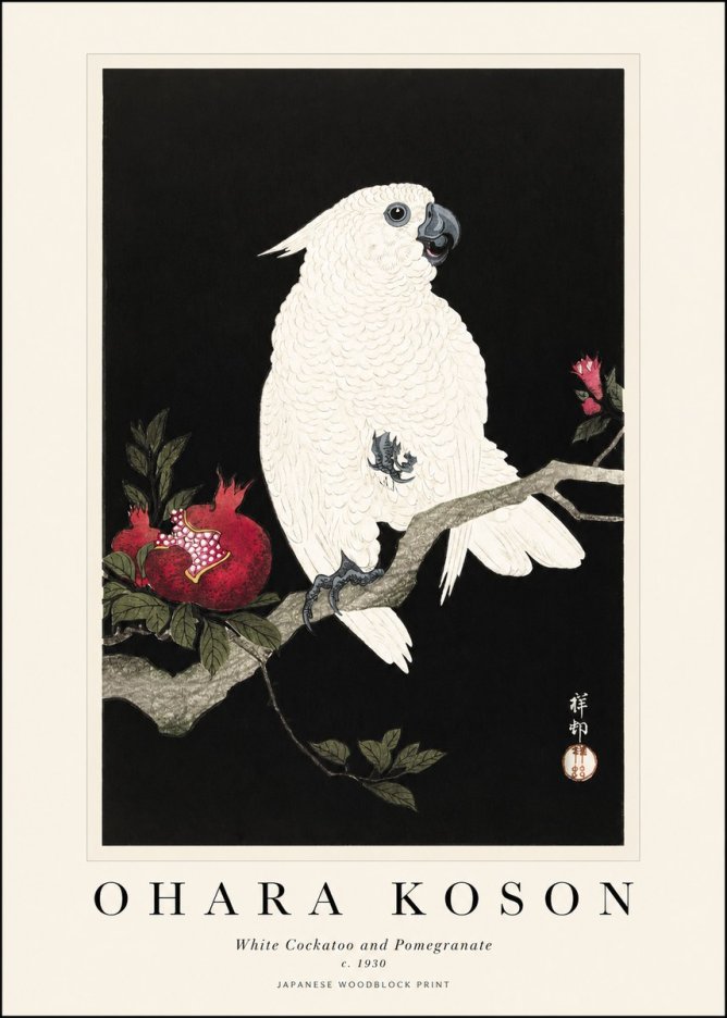 Ohara Koson White Cockatoo and Pomegranate I No1 - Juliste