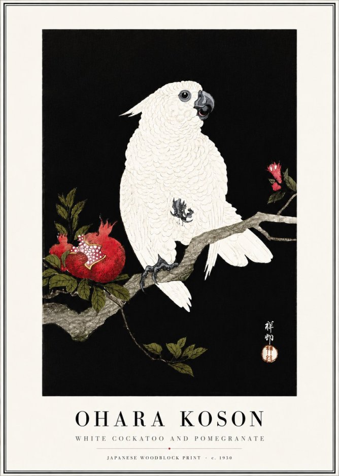 Ohara Koson White Cockatoo and Pomegranate I No4 - Juliste
