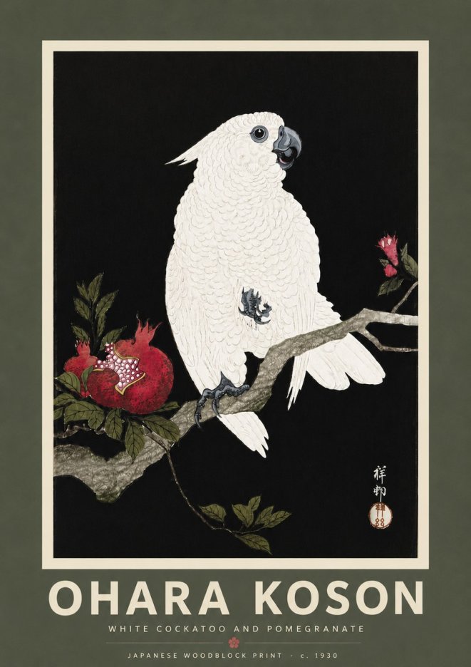 Ohara Koson White Cockatoo and Pomegranate I No5 - Juliste